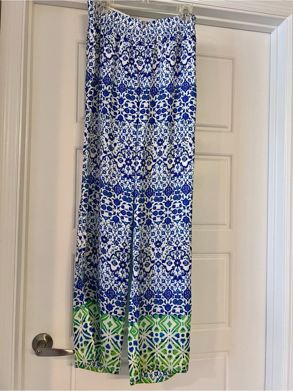 Etcetera Blue and Green Tile-Print Wide-Leg Pants